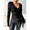 Minimalismo Lavorato a Maglia Donna Estate T-shirt Lavorata a Maglia Raglan Manica Lunga Scollo a V Ampio Traforato Pizzo Pullover Top