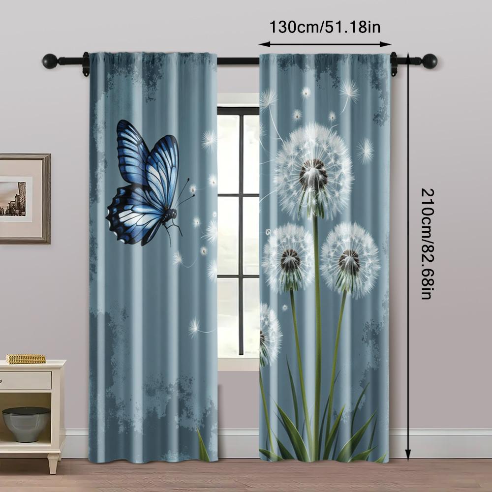 2pcs   Fashionable Curtains Depicting Sky Blue   Gray Dandelions and Butterflies Fabric (without Rod) Gifts Perfect for Bedroom &