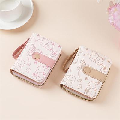 Cute Cat PU Leather Coin Purse Women Fashion Short Wallet Folding Zipper Wallet ID Card Holder Travel Lightweight Cash Coin Bags