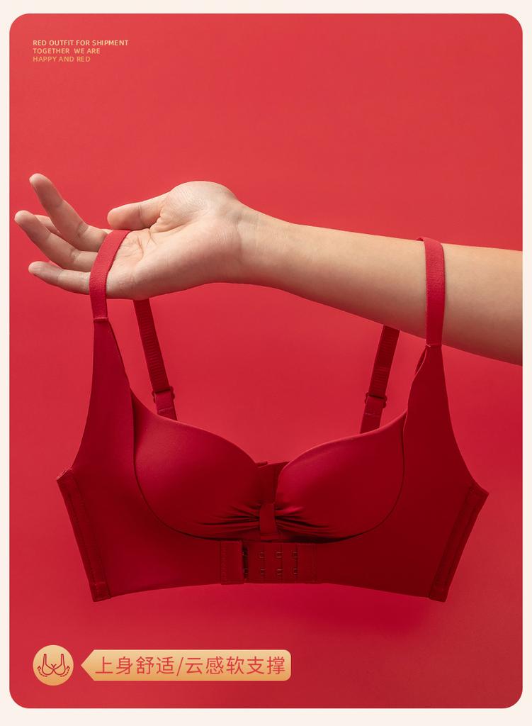 Big red zodiac year front button gathering palm cup bra with small chest and big style