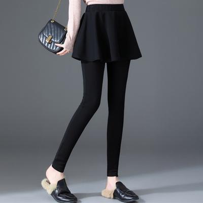 Women Winter Culottes Pants Solid Color High Waist Pleated Skirt Pants Fake Two Piece Leggings-Skirt Combo