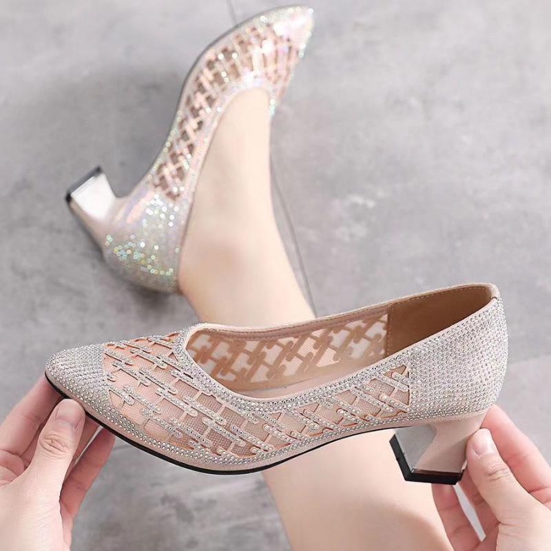 2025 Summer Rhinestone Mesh Pointed-Toe Mid-Heel Sandals with Skirt, Women's Fashion Shoes