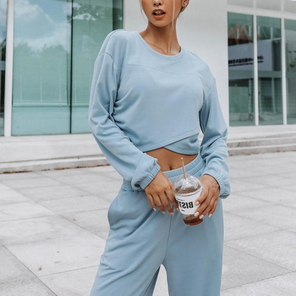 Women Solid Color Long Sleeve O Neck Hoodies Suit Autumn Winter Loose Top Wide Leg Pants