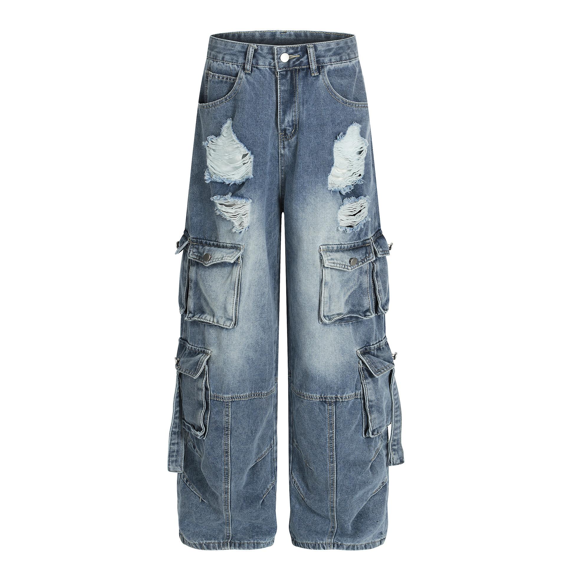 Men s Autumn American Retro Washed Ripped Multi-Pocket Tooling Jeans Wide Leg Pants S
