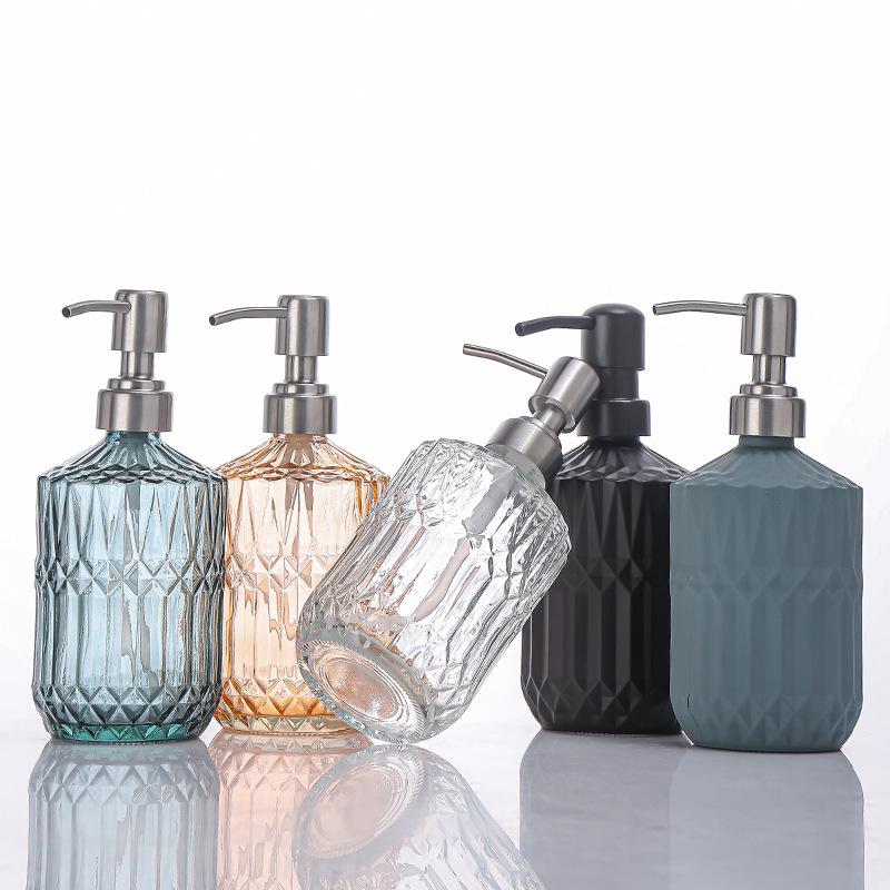 Dispensador de jabón de manos de vidrio con textura de diamante y bomba a prueba de óxido para baño, encimera de cocina