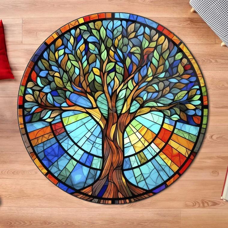 Kulatý koberec Strom života Mandala přírody Koberec pro starodávnou duchovní výzdobu Koberec pro meditační prostor Omyvatelná a protiskluzová podložka