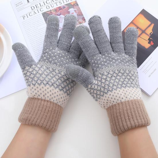 1 Pair Thickened Warm Full Fingers Touch Screen Ribbed Cuffs Women Gloves Winter Striped Splicing Double Layer Fleece Lining Knitting Gloves for Cold