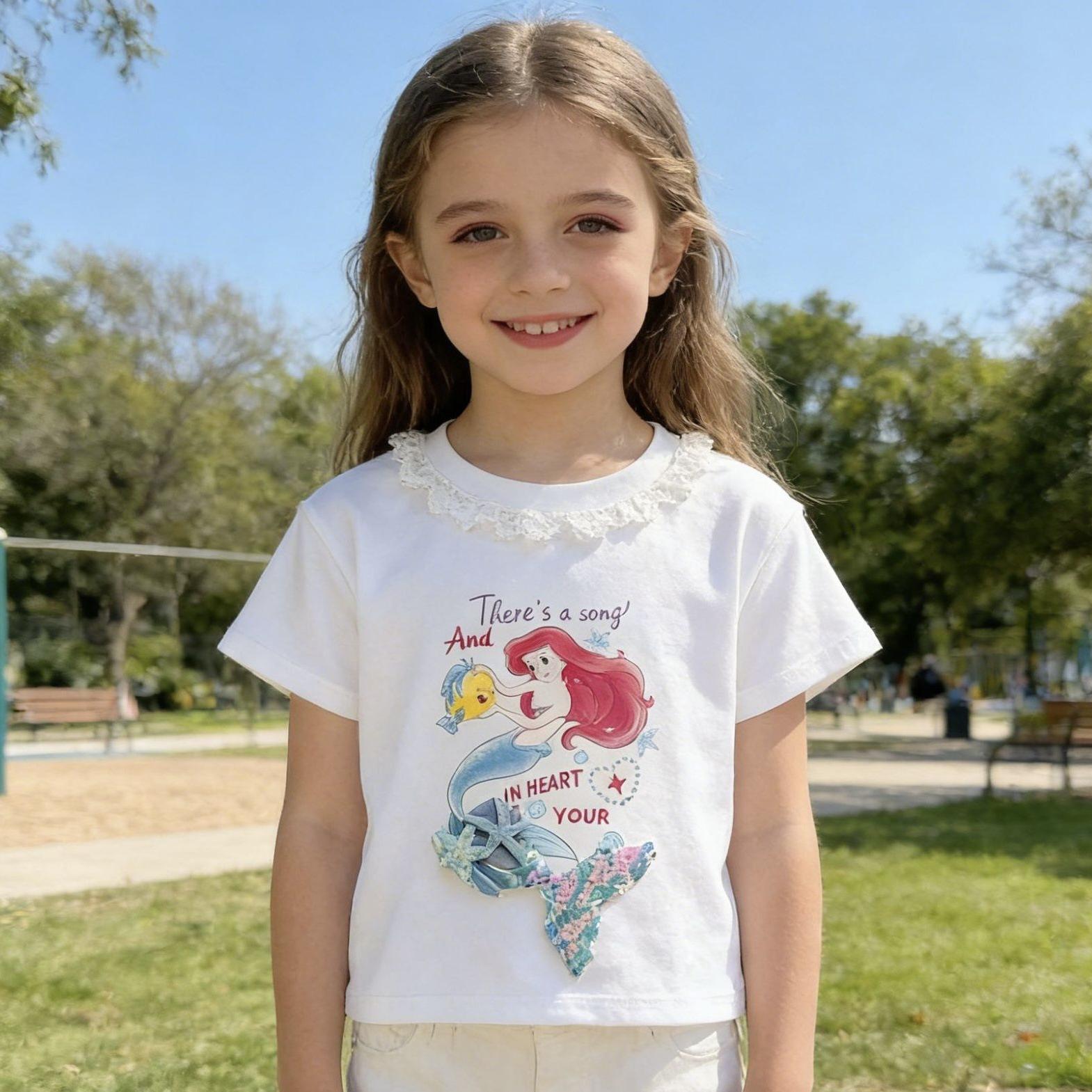 Girls Summer Mermaid Print Short Sleeve T Shirt with Lace Trim Round Neck 90