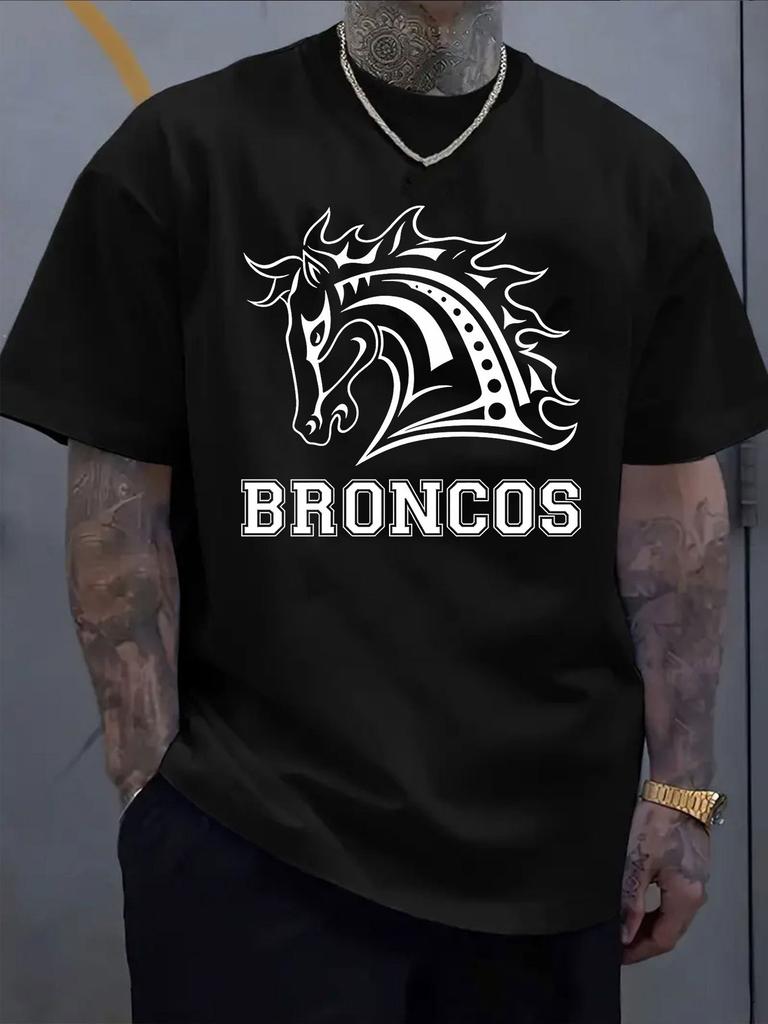 Men's Wild Horse Graphic T-Shirt, Retro Lettering Logo Cotton Tee, Casual Round Neck Summer Sport Top, Outdoor Athletic Apparel