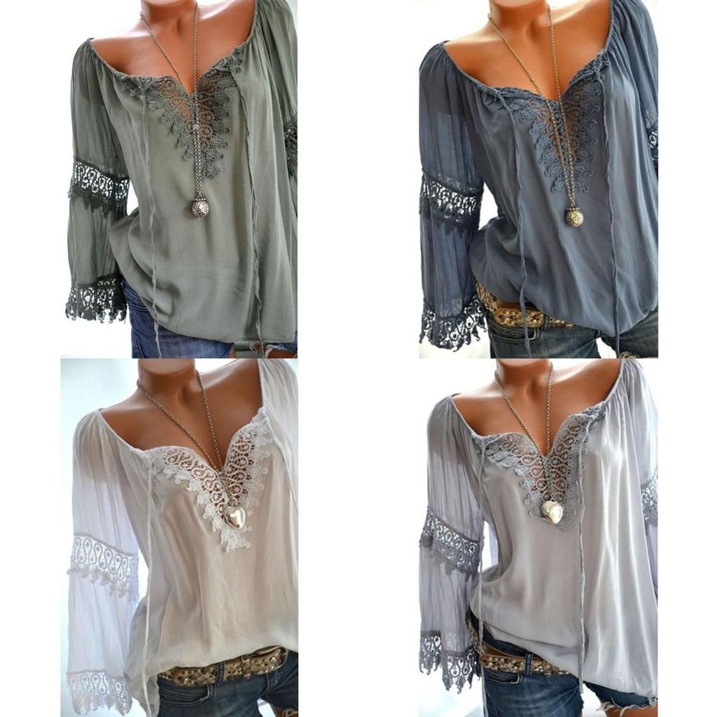 Sexy Women V Neck Long Sleeve Lace Up Shirt Casual Blouse Top Lady Loose T Shirt