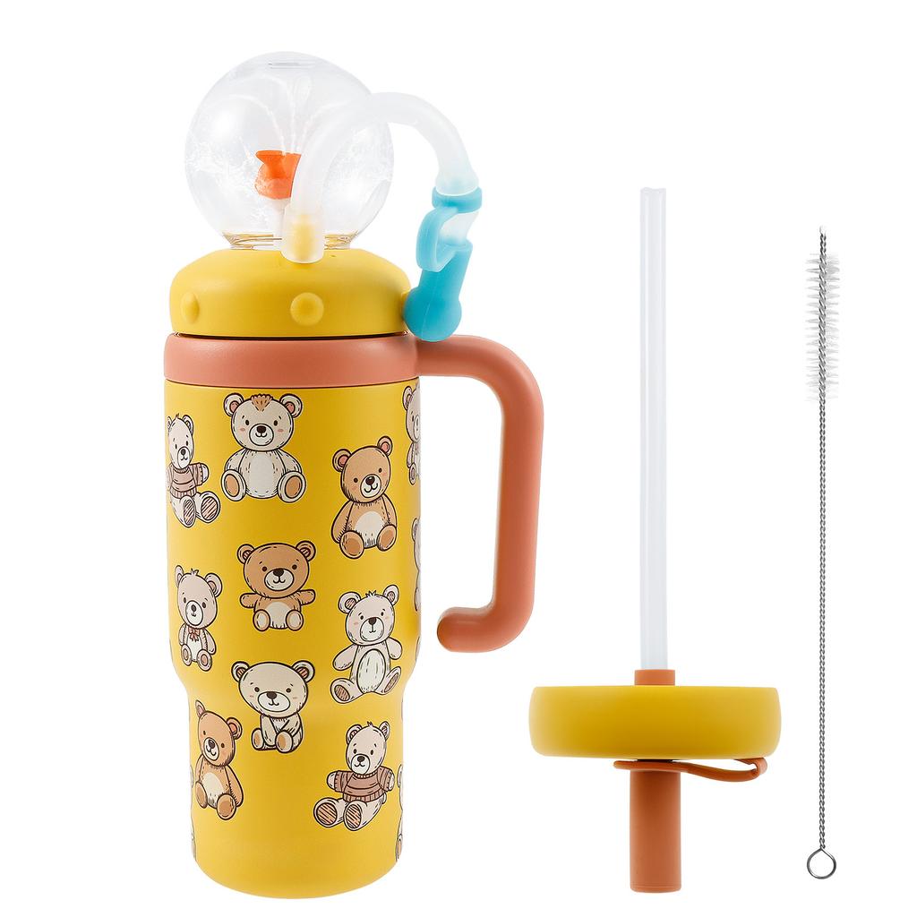 710 ML/24 Oz Water Bottle Stainless Steel Whale Fountain Tumbler Leak-proof Drinking Cup with Straw Brush or Cup Brush for Child