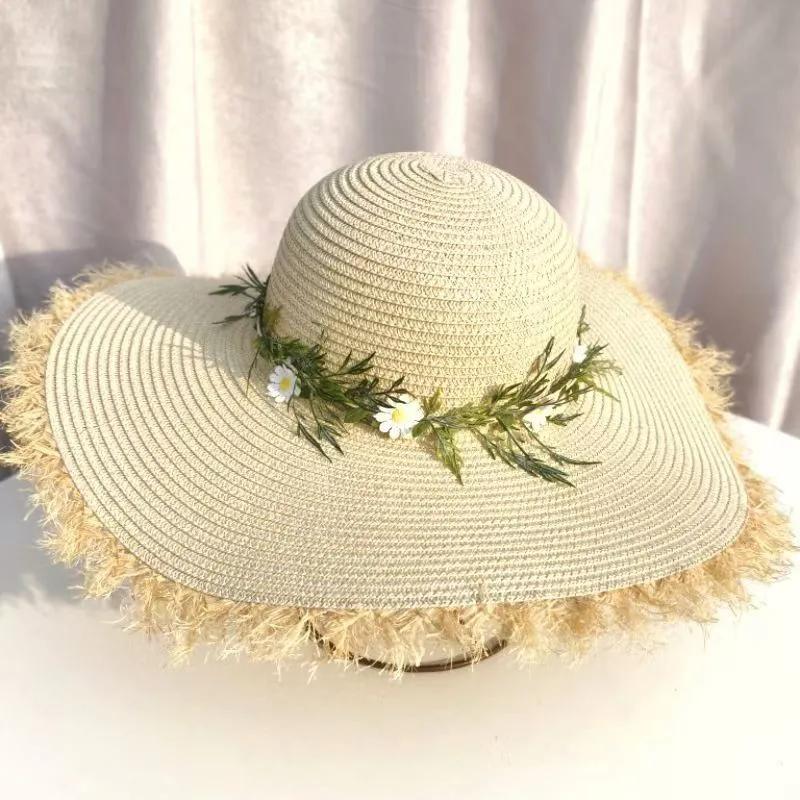 WTEMPO Solid Color Elegant Flowers Sun Hats Women Spring Summer Wide Brim Outdoor Breathable Foldable Beach Sunscreen Hats