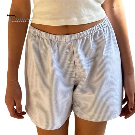 Women Summer Shorts Striped Print High Elastic Waist Retro Loose Above Knee Length Casual Sport Homewear Short Pants