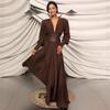 Fashionable Coffee V-Neck Long Sleeve Pleated French Dress with Waist Seal