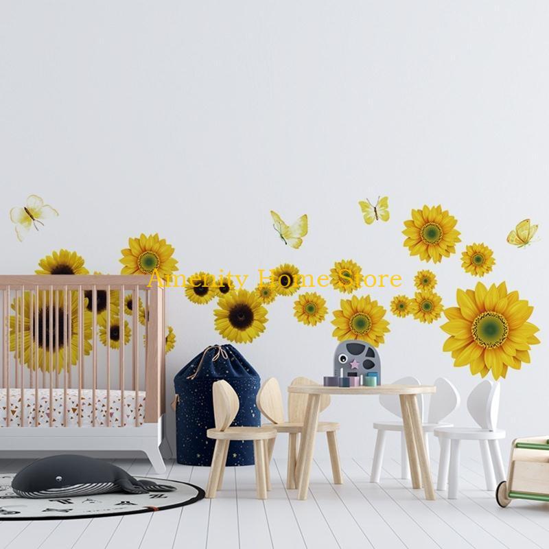 

F26C Removable Flower Decal Sunflower Wall Sticker for Kids Baby Bedroom Living Room Waterproof 3D Floral for Butterfly Wallp CN