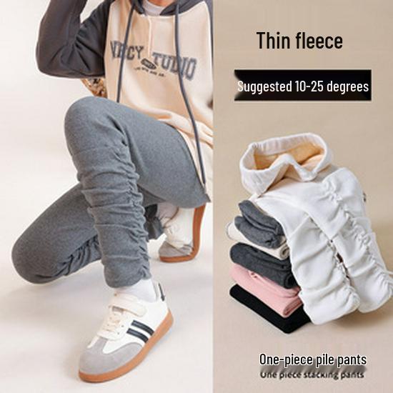 Girls' Winter Fleece-Lined Cotton Leggings with Rabbit Embroidery