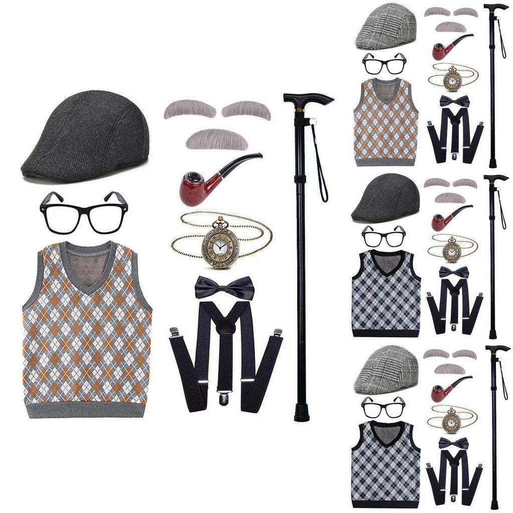 Disfraz de abuelo premium con peluca, chaleco elegante y accesorios para niños y adultos.