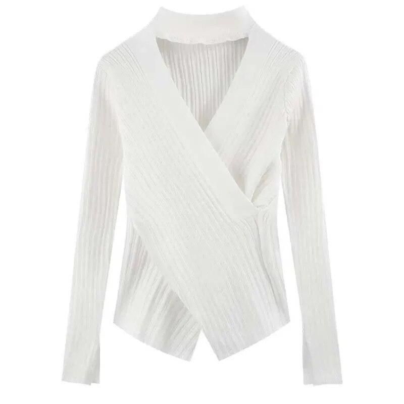 

Черный тонкий тонкий ажурный свитер с лямкой на шее, женский вязаный пуловер с длинными рукавами, однотонный сексуальный повседневный топ, весенне-осенняя майка L белый