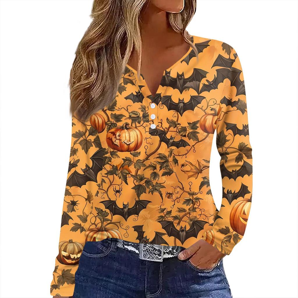 Women's T Shirt Tee HAlloween Print Button Long Sleeve Daily Weekend Fashion Basic V- Neck Regular Top