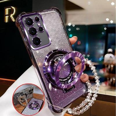 Bracciale di Cristallo Custodia per Telefono con Supporto Magnetico Per Samsung S25 S24 S23 S22 S21 S20 Plus FE Ultra Edge S10 Copertura Glitterata Antiurto