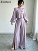 Autumn Solid Wide Leg Pants Set Women Loose Long Sleeve Crop Top Two Piece Outfit Fashion Casual