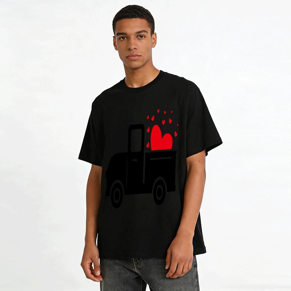 Romantic Heart Truck Print Casual Couples Versatile Top Pure Cotton T-shirt