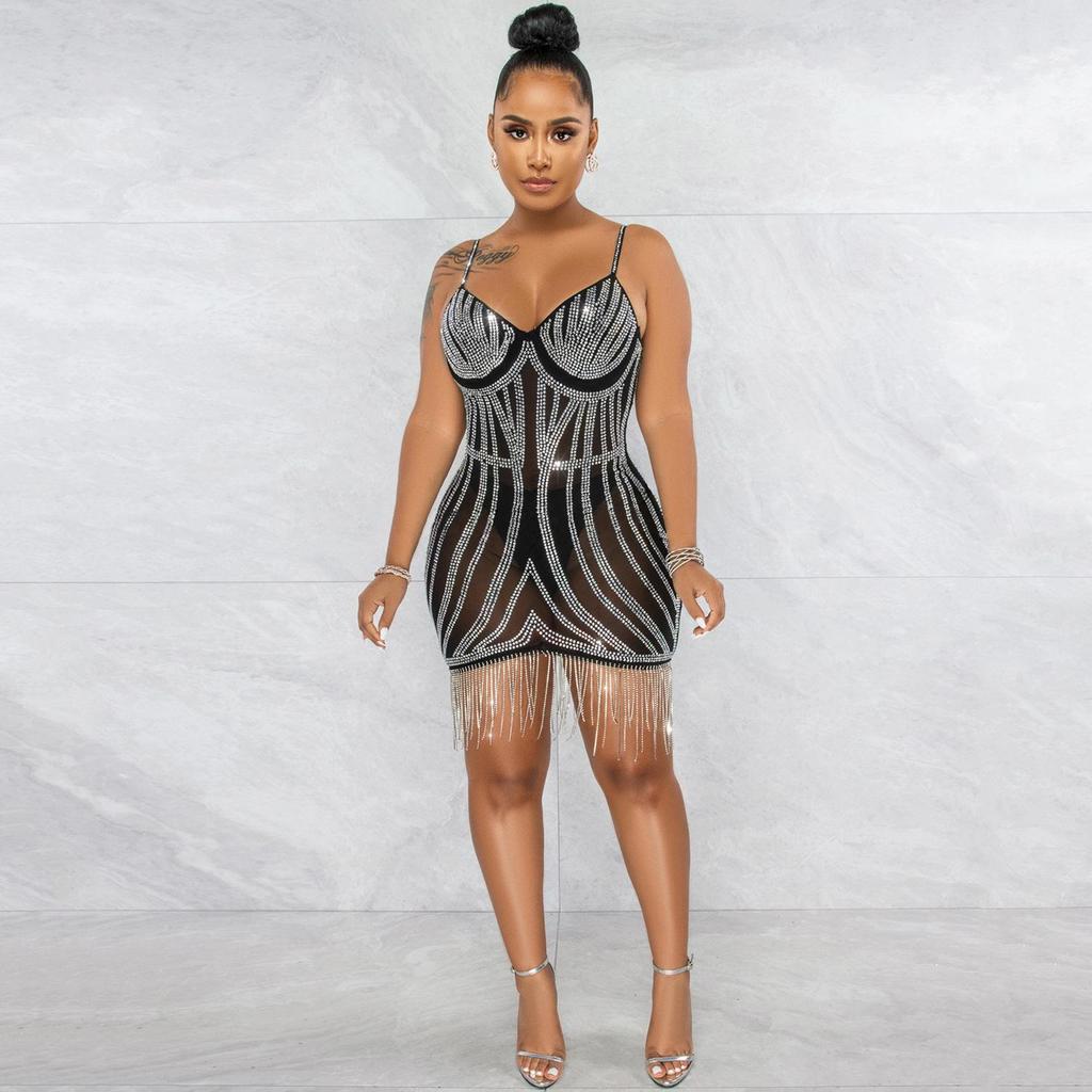 X5633 Strass-Spaghettiträger Fransen Bandagekleid - Sexy Ärmelloses Minikleid