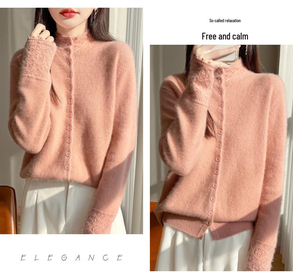 Women's Velvet Cardigan: Cozy Half-High Collar, Loose Fit, Versatile Winter Sweater.