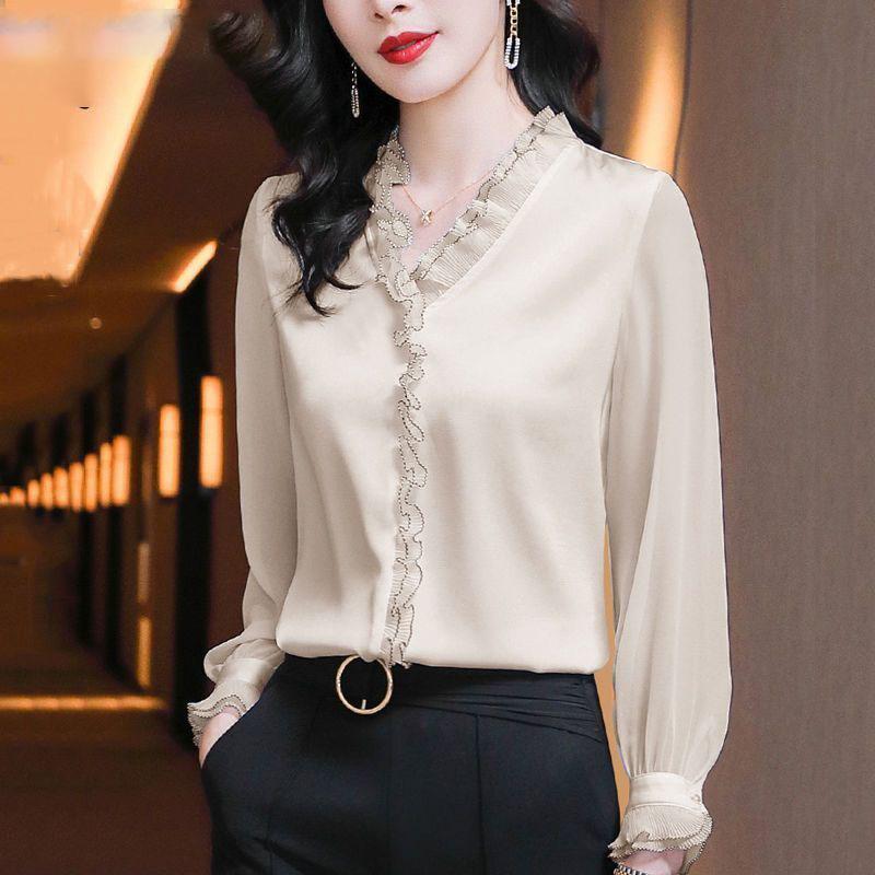 

Элегантная женская шифоновая рубашка корейская блузка офисная кружевная сетка длинный рукав оборки V-образный вырез топы повседневные винтажные пуловеры блузы XXL