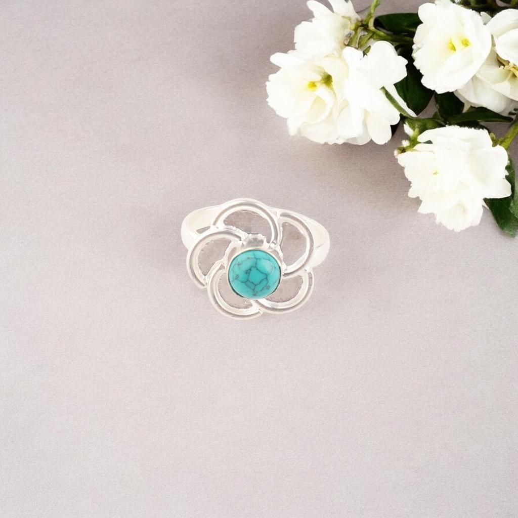 Blue Turquoise Gemstone Ring 925 Sterling Silver Handcrafted Jewelry Women Ring RR-51-25