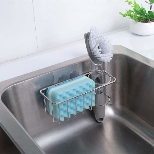 2-in-1 Sink Caddy with Adhesive Sponge Holder and Brush Holder, Made of SUS304 Stainless Steel, Rust-Resistant and Waterproof