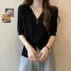 Fashionable Women's Korean Style Ice Silk Short-sleeved Cardigan Solid Color Zipper Splicing Casual Loose and Versatile Top