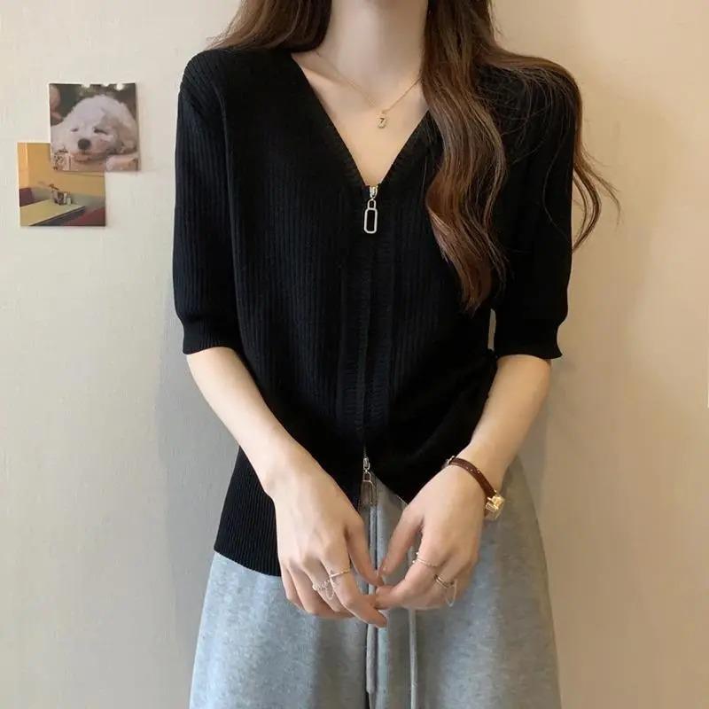 Fashionable Women's Korean Style Ice Silk Short-sleeved Cardigan Solid Color Zipper Splicing Casual Loose and Versatile Top