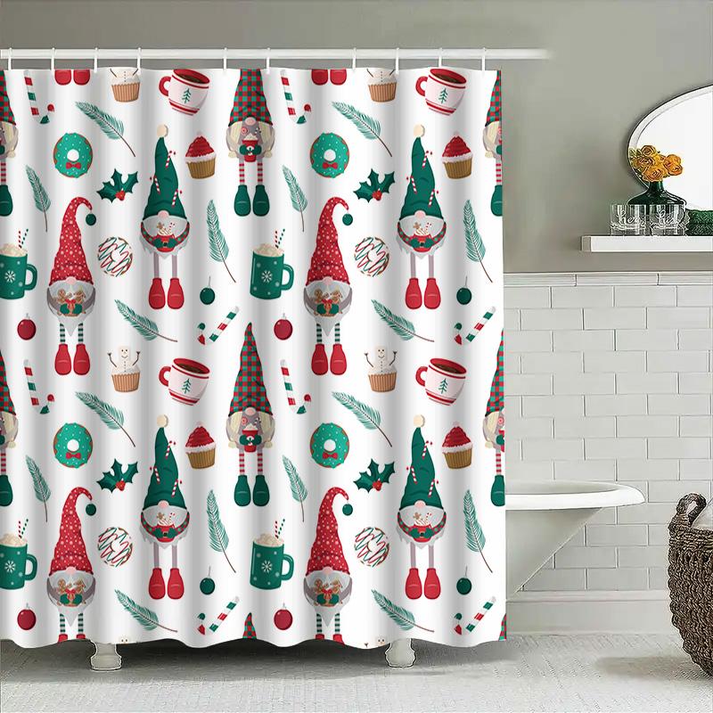 Christmas Decor Shower Curtain Fabric Bathroom Set Gnomes, Cupcakes Donuts Festive Print Waterproof Bath Liner Red Green White (