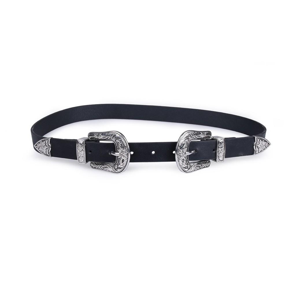 Button Double Women Faux Leather Belt With Floral Decor For Office Wears Casual