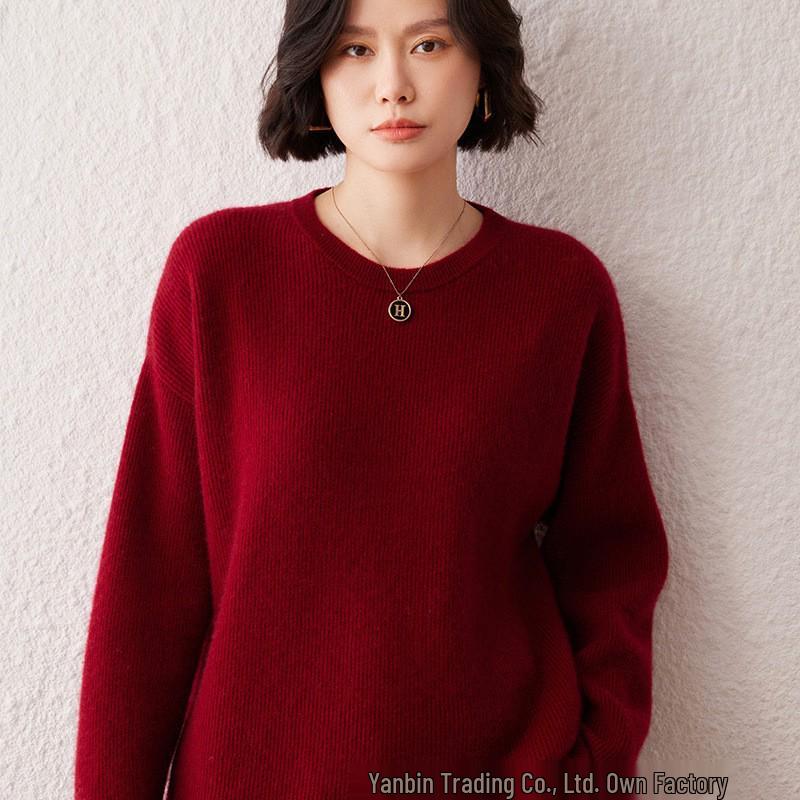 Women's Cashmere Round Neck Loose Sweater - Thick Knit Pullover for Autumn/Winter