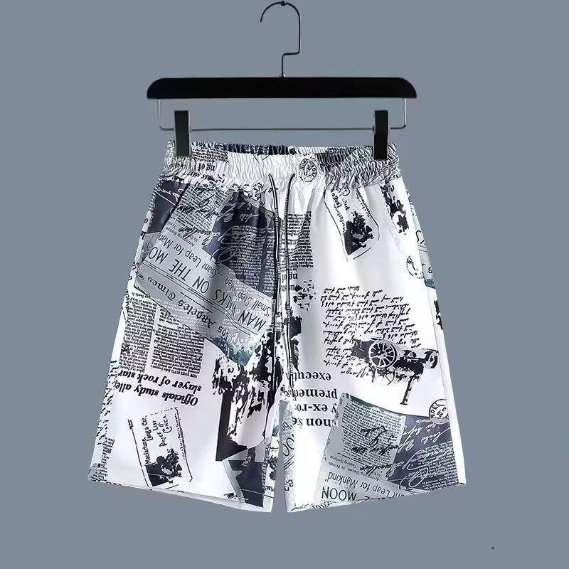 Men's Summer Japanese Trend Newspaper Print Shirt & Floral Beach Shorts Set
