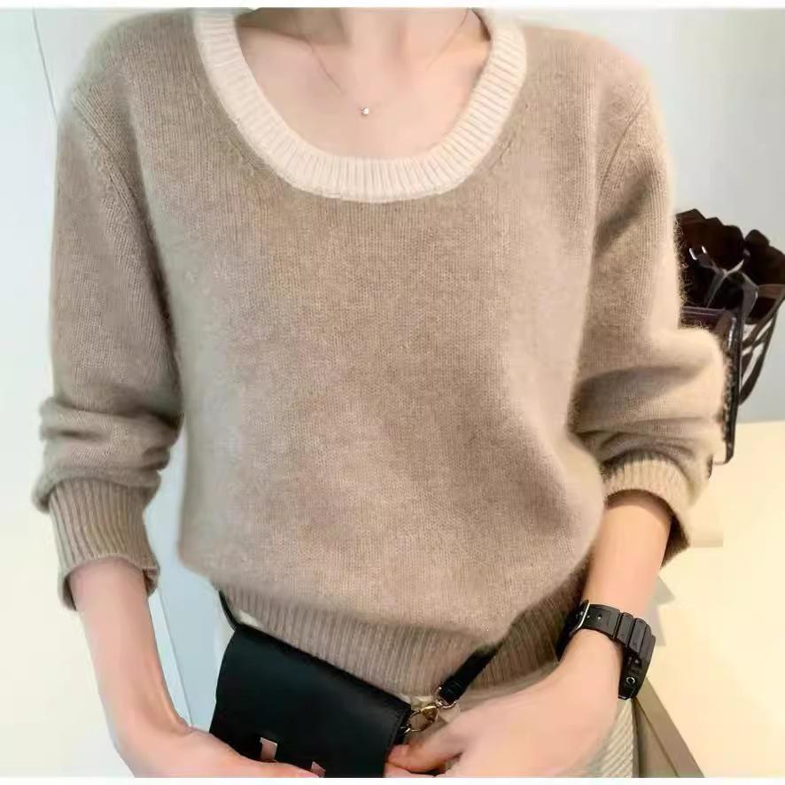 Women's U-Neck 100% Wool Korean-Style Chic Sweater - Autumn/Winter Collection