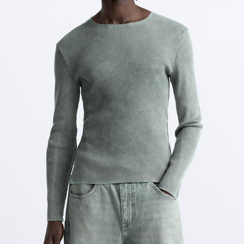 Zara Solid Color Knitted Round Neck Long Sleeve T-Shirt Men tops Washed-Blue 4805409-428