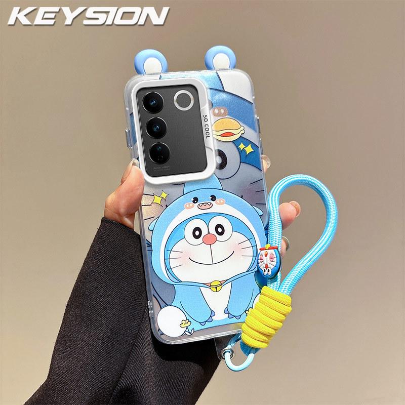 KEYSION Cute Ear Cartoon Case for VIVO V27 5G with Lanyard Soft Silicone+PC Shockproof Phone Back Cover for VIVO V27 5G