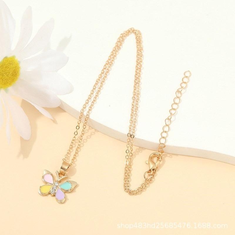 Butterfly Heart Necklace Earrings Set for Kids Vibrant Colors Jewelry Accessory Stylish Handmade Women Accessories