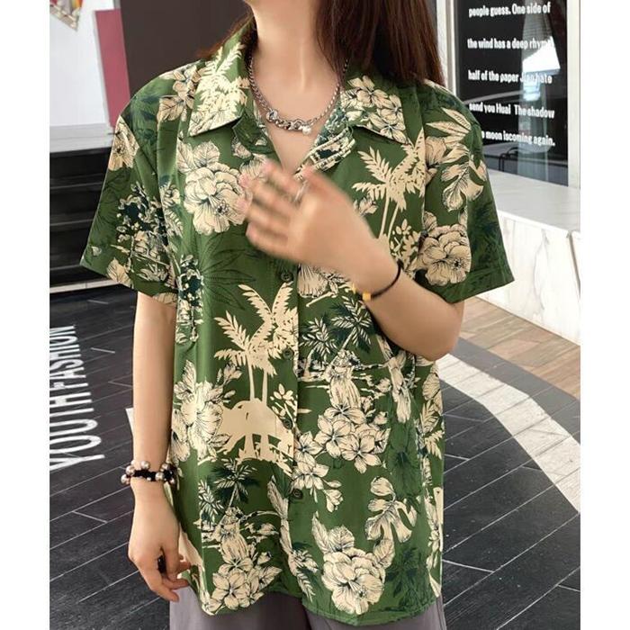 Casual Loose Fit Shirt for Women - Short Sleeve Flower Printed Summer Top