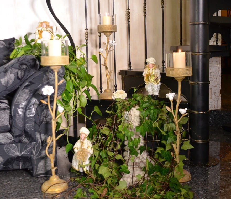 Tall gold candlestick in glamour retro style with porcelain flowers 87cm