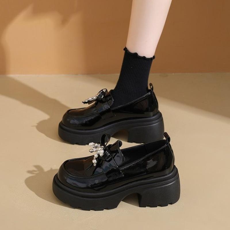 Pearl bow platform women's new autumn black small leather shoes retro single shoes
