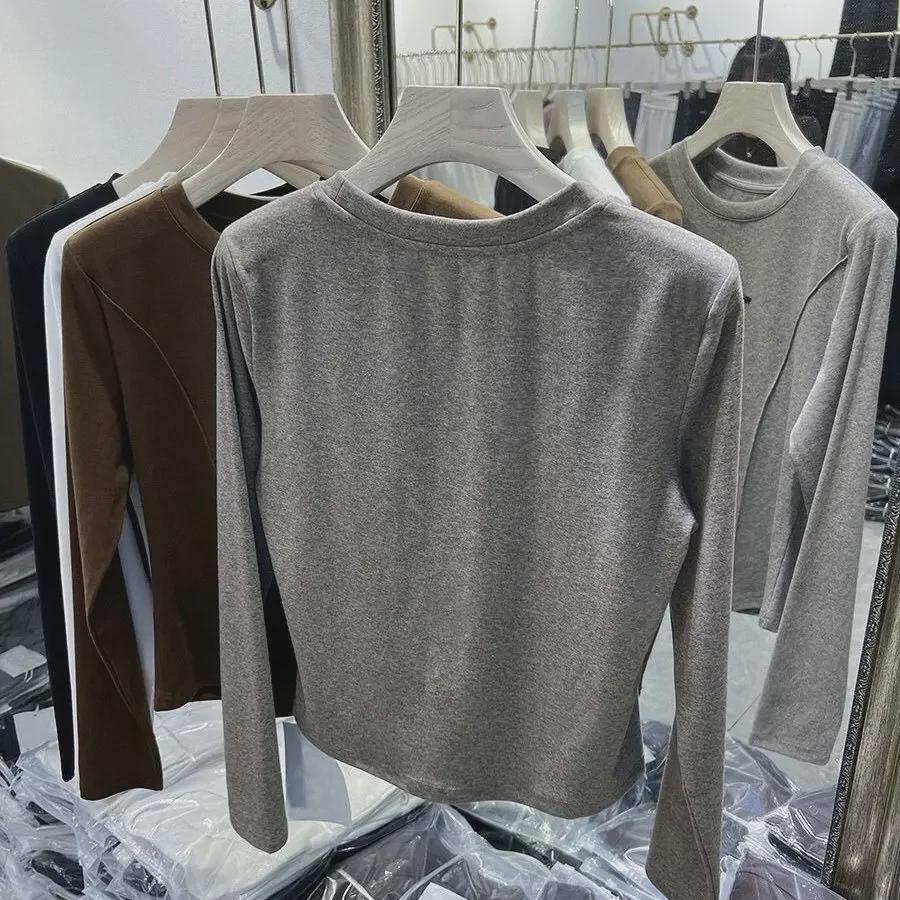 Trendy Double-Sided German Velvet Long-Sleeve T-Shirt for Autumn/Winter - Warm, Fashionable White Base Layer