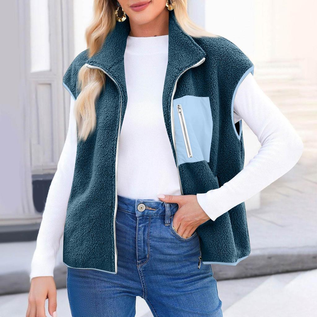 Women's Color-Block Vest Relaxed Fit Warm Casual Sleeveless Jacket