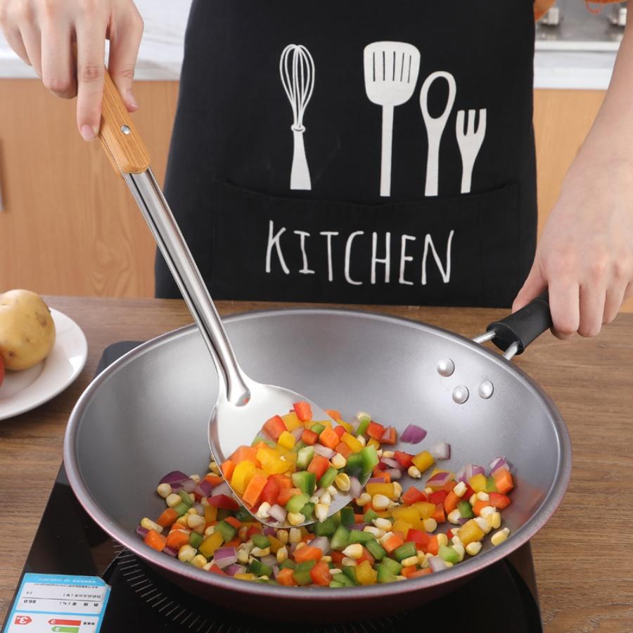 Stainless Steel Scalding Handle Spatula Spoon Colander Imitation Wood Grain Kitchenware Set Kitchen Cooking Spatula Thickened