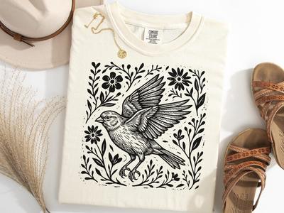 Canary Gothic Linocut Shirt, Floral Boho Canary Cottagecore Tee, Bird Lover Gift