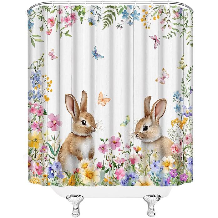 Spring Easter Bunny Shower Curtains Cute Rabbits Watercolor Flower Floral Butterfly Nature Happy Easter Holiday Fabric Bathroom Fabric Curtain with