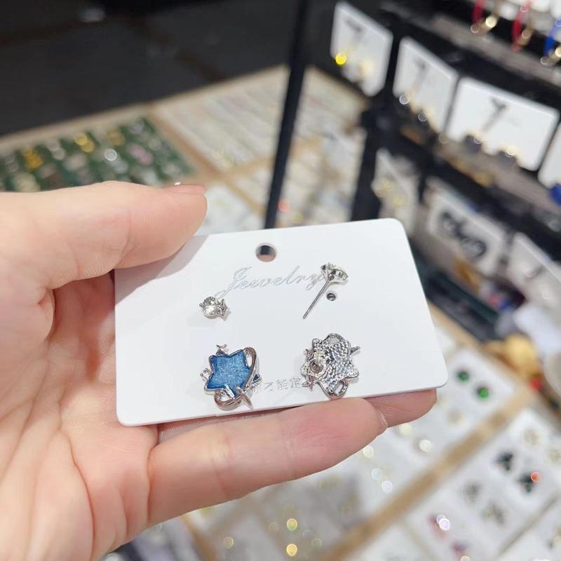 Modisches Blau Kristall Planet Herz Ohrstecker Set für Damen Exquisit Süß Zirkonia Fünfzackstern Kreuz Ohrringe Schmuck Geschenke